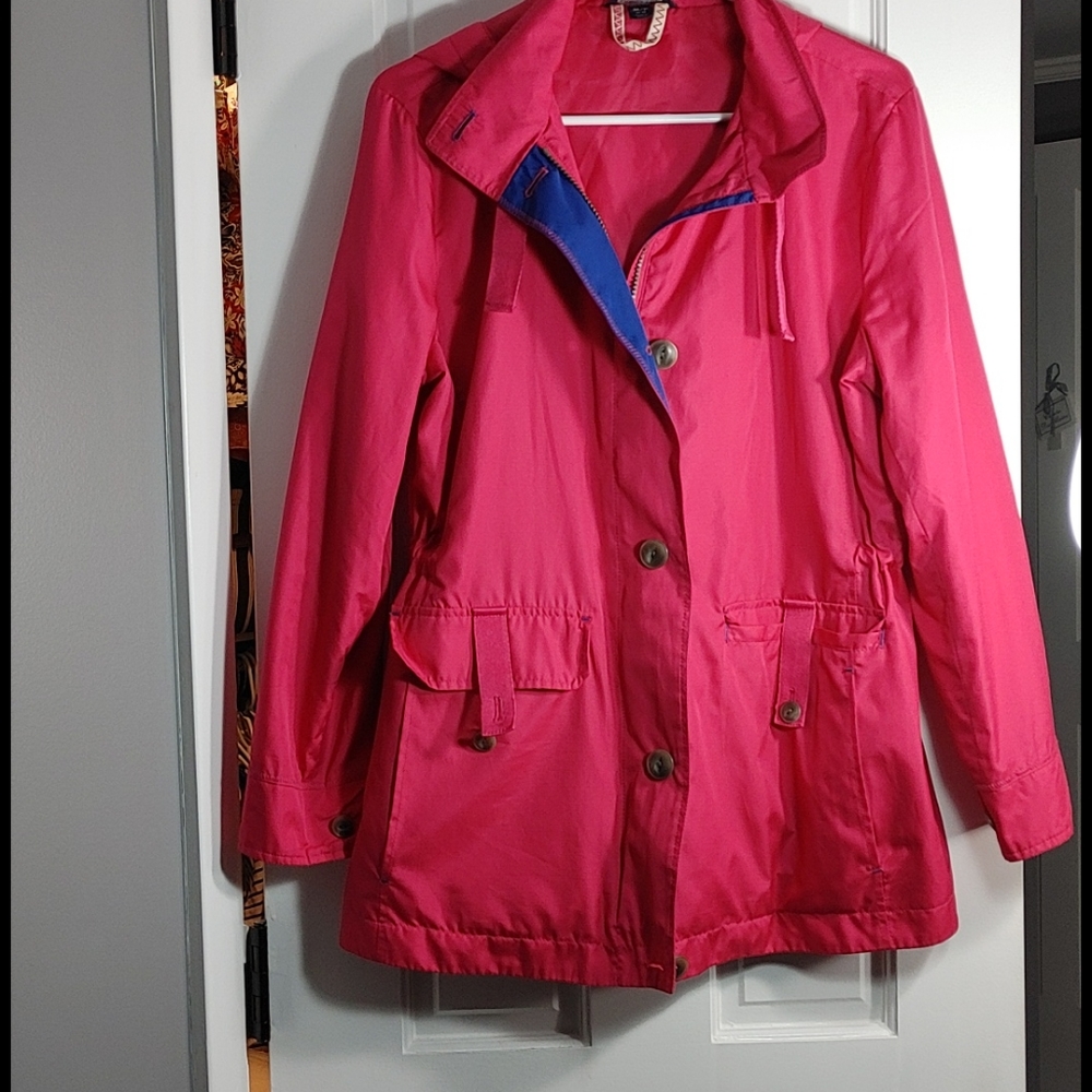 Hot pink rain jacket from Land's End